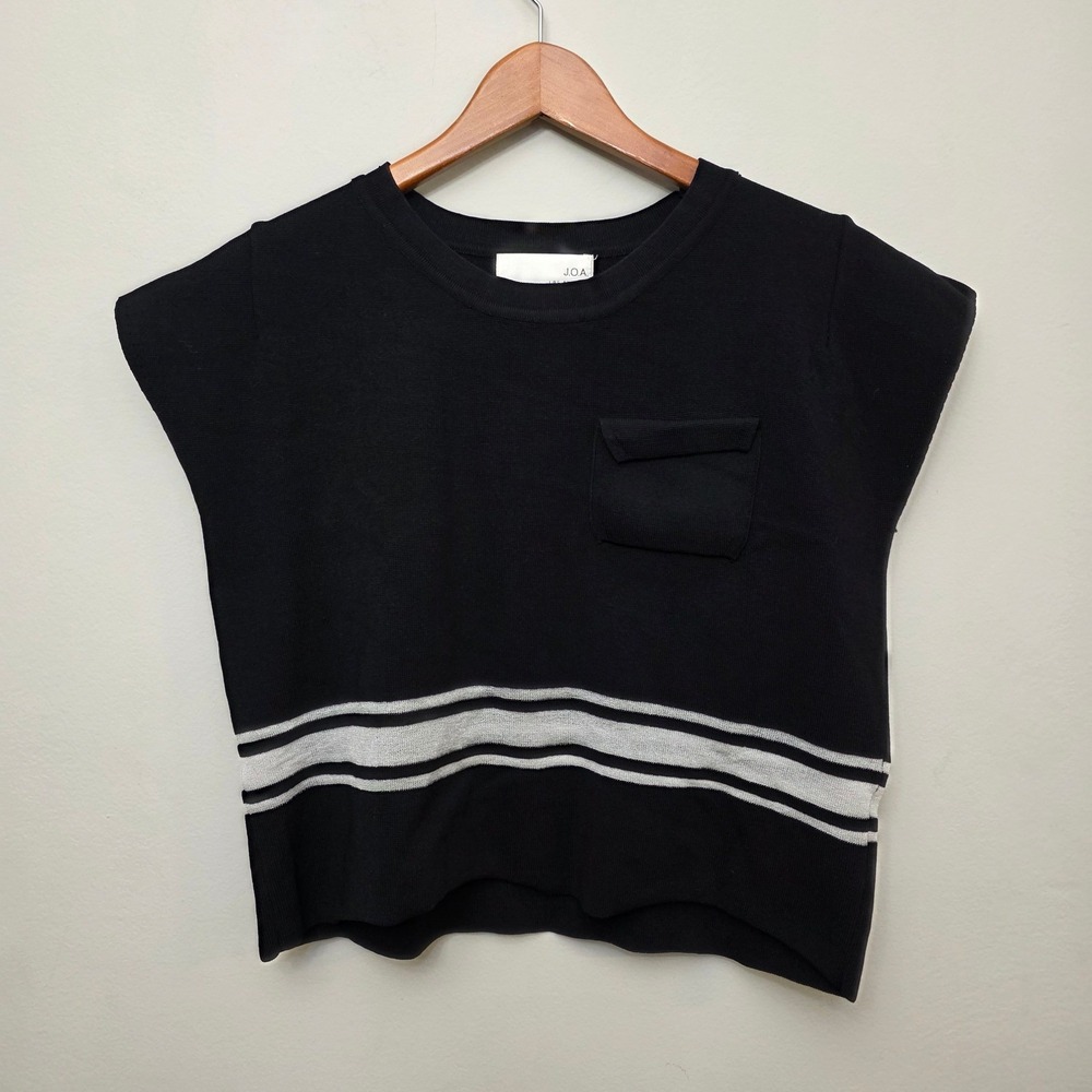 J.O.A. Knit Top Medium Black Striped Cap Sleeve Pocket Metallic Contemporary